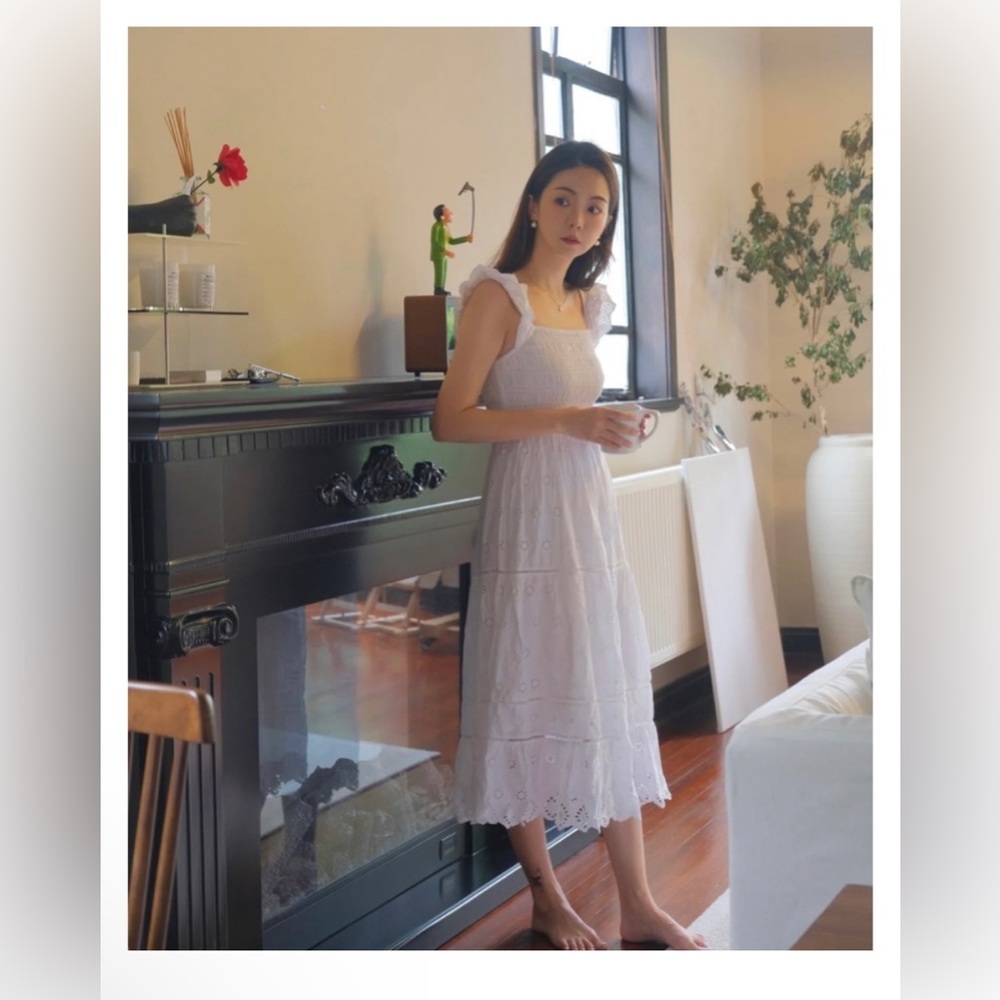 & other stories white midi eyelet embroidered dress